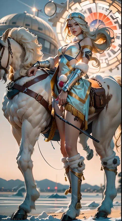 In a very grand scene，The extra-large wide-angle lens captures the appearance of a female centaur。She is tall，It has the ultimate curvy beauty，The muscles are slender and firm，Beautiful lines。Her facial features are tough and coquettish，Always with a sunny...