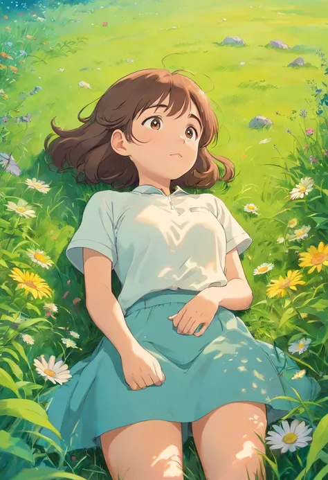 A girl looking at the sky laying down in the grass