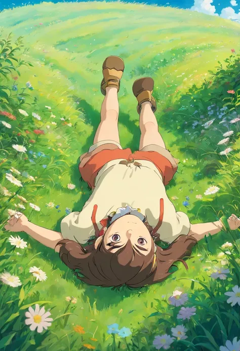 A girl looking at the sky laying down in the grass, without showing face