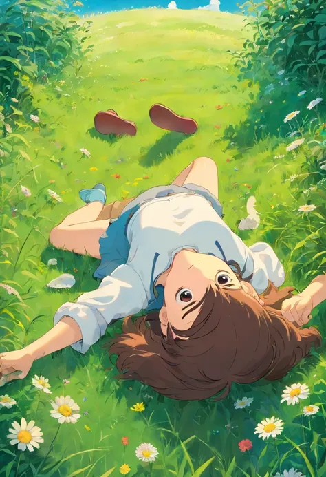 A girl looking at the sky laying down in the grass, without showing face