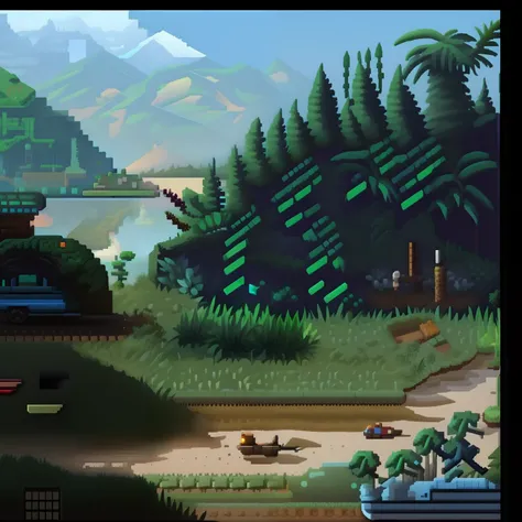 Jogo, simulation, empresa de tecnologia, [Pixel Art], best quality, filmic grain:1.2, Jogo de Survivor, como um jogo para Nintendo 8bits, racing in a jungle,