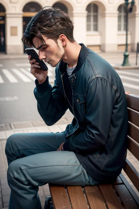 Sad person sitting on a bench in a square, with a cell phone in his hand typing his bitterness, foto realista, 16k