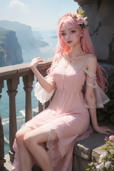 Masterpiece, Best quality, {Best quality}, {{Masterpiece}}, {A high resolution}, (（Full body detail 1.9))，Pink long hair lady dressed up in cliff photography look，Let me write about you in detail：

Appearance：
1. The young lady has long attractive pink hai...