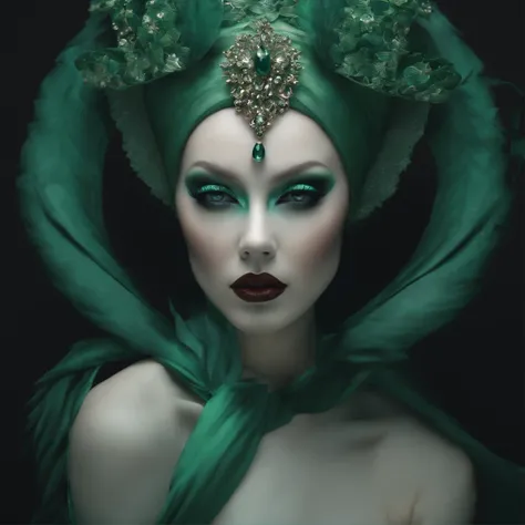 a woman, in the style of natalie shau, olivier valsecchi, ilya kuvshinov, light emerald and gray, ritualistic masks, naturalistic portraits, moody expressionism