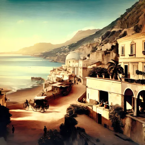 pintura de uma vista de uma cidade com uma carruagem puxada por cavalos, cena de praia italiana, Directed by: Joseph Ignaz Appiani, Directed by: Giuseppe Abbati, Achenbach, Directed by: Alfredo Volpi, Directed by: Gregorio Lazzarini, illustration matte pai...