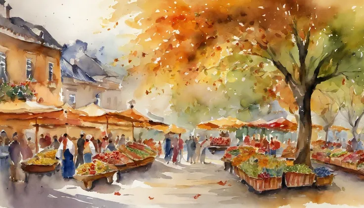 Celebrating the harvest festival in the city square、Garland、Watercolor Touch