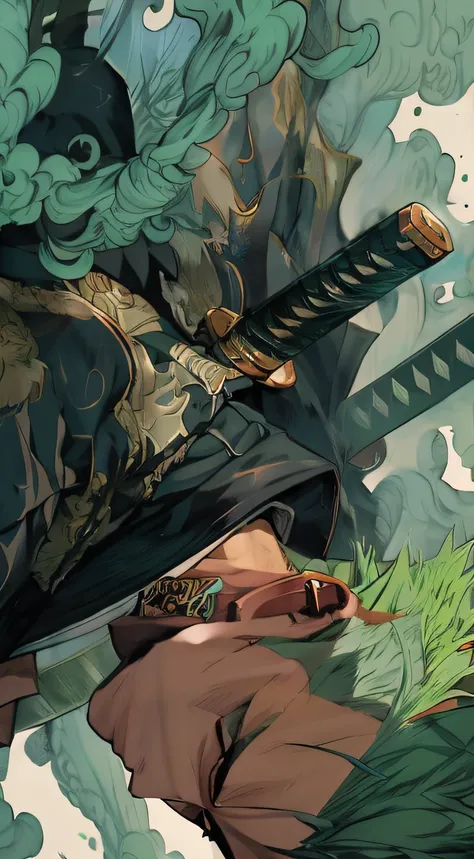 anime character with a sword and a hat on his head, roronoa zoro, handsome guy in demon slayer art, demon slayer artstyle, hold sword in the forest, krenz cushart and artem demura, demon slayer rui fanart, detailed anime artwork, greg tocchini, detailed di...