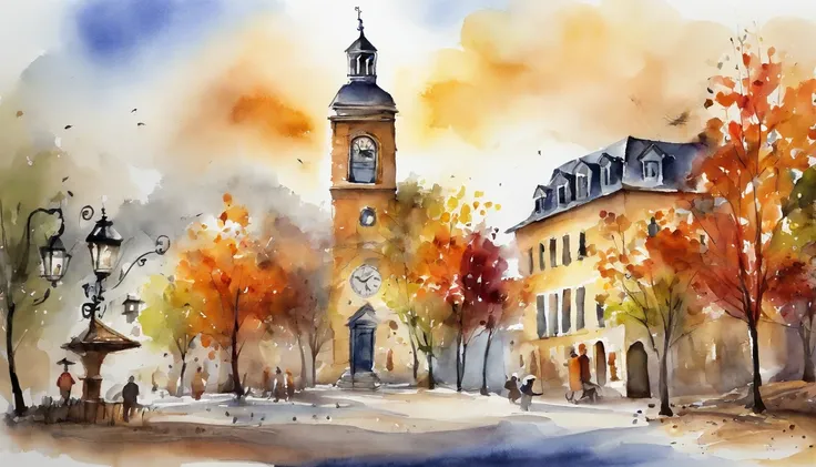 In the square with the clock tower in the center、Celebrating the Harvest Festival、Watercolor Touch、