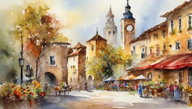 In the square with the clock tower in the center、Celebrating the Harvest Festival、Watercolor Touch、