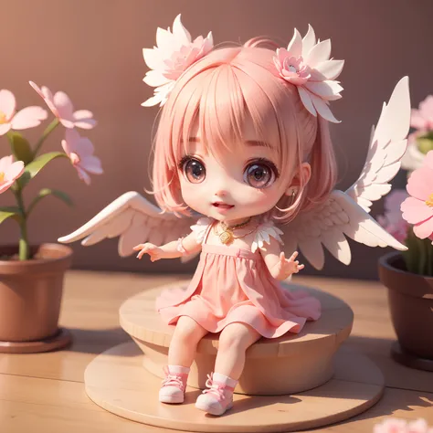 Cute Baby Chibi Anime,(((Chibi 3D))) (Best Quality) (Master Price)、(Chibi Fallen Angel:1.3)、Sitting on smoky pink flowers、specimen、houseplant、Open your mouth and smile、Jewelry Decoration Costumes