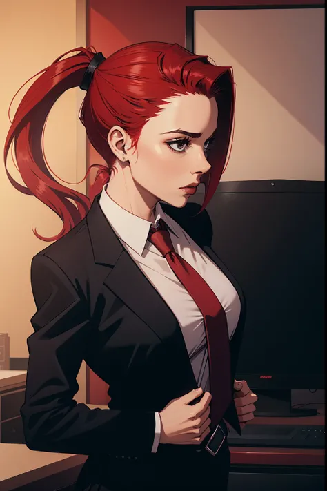 woman, red ponytail hair, wearing a black office suit, red tie,black office skirt, standing, no background, dark, midnight