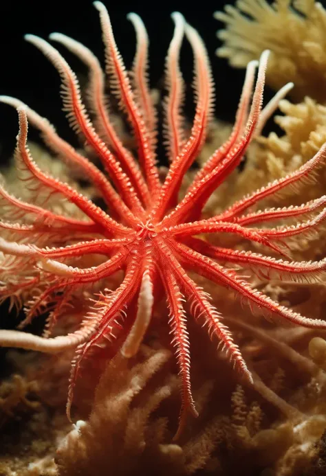 Majestic feather star, white mixed red color, deep neon underwater with coral