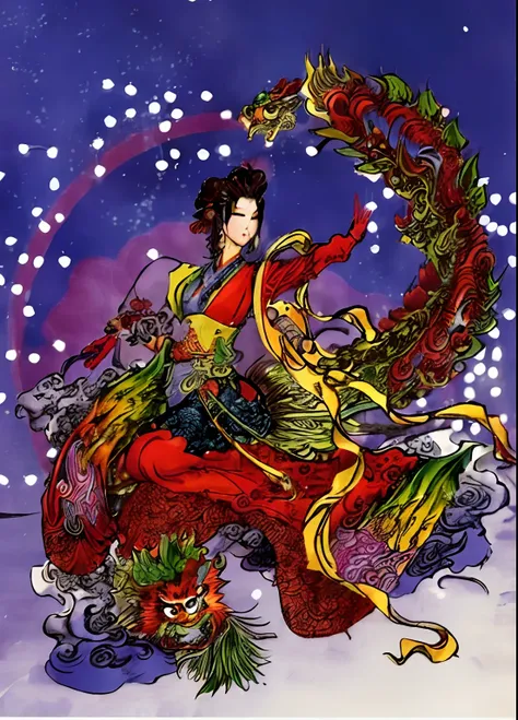 a woman riding a dragon with a bird on her back, inspired by Yun-Fei Ji, akira from chinese mythology, chinese mythology, ancient chinese goddess, nezha, inspired by Utagawa Yoshitora, inspired by Tawaraya Sōtatsu, inspired by Utagawa Yoshitaki, full color...