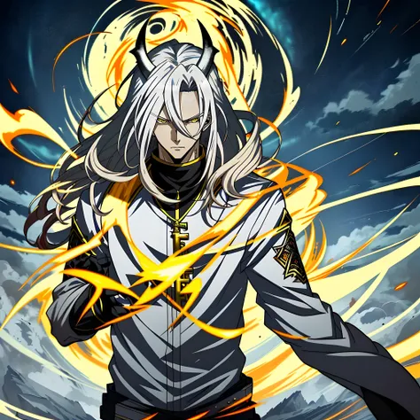 White long-haired anime character, Yellow eyes stand in front of Lightning，White clothes， Detailed key anime art, Key anime art, detailed anime character art,  handsome guy in demon killer art, full art,  high detailed official artwork, anime artsyle, offc...