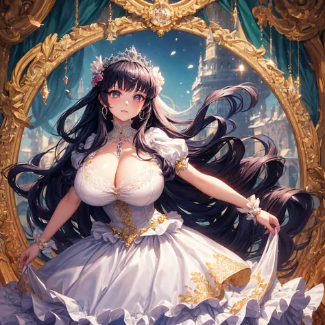 (masterpiece, best quality,extremely detailed:1.1),(moe anime art style:1.2),1girl,full body, ((solo)), cute, kawaii,digital art,((1 bling-bling anime princess wearing beautiful embroidery and jeweled ruffled gorgeous princess ballgown with voluminous full...