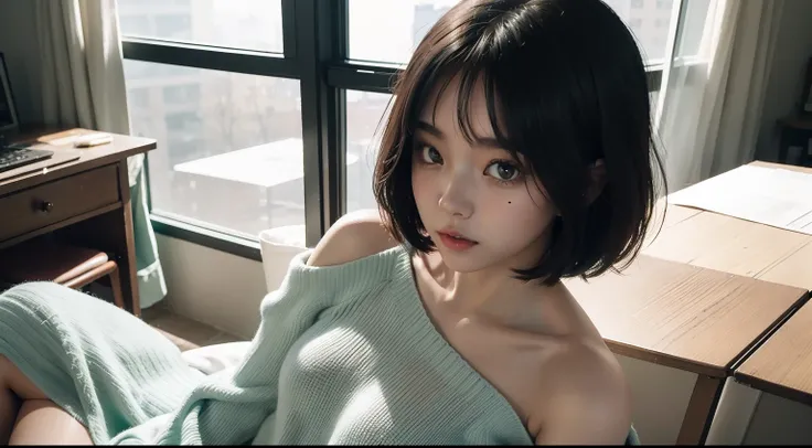 fanciful。one-girl，sitted，Bare shoulders，Detailed pubic hair（（（baggy）））whitesweater，half-body portrait，（（Look into the distance）），stunningly beautiful，mint bob hair，Blushlush，humble，desks，Duan，mano。The is very detailed。cinmatic lighting，（NSFW：1.27）