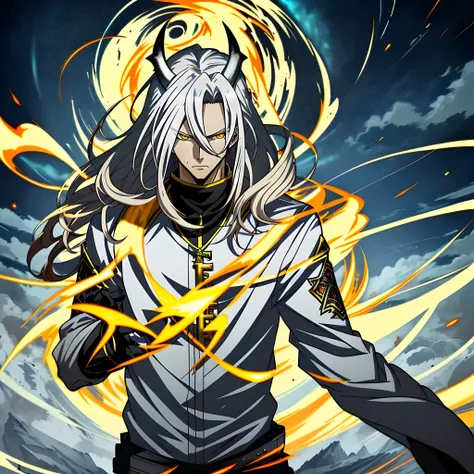 White long-haired anime character, Yellow eyes stand in front of Lightning，White clothes， Detailed key anime art, Key anime art, detailed anime character art,  handsome guy in demon killer art, full art,  high detailed official artwork, anime artsyle, offc...