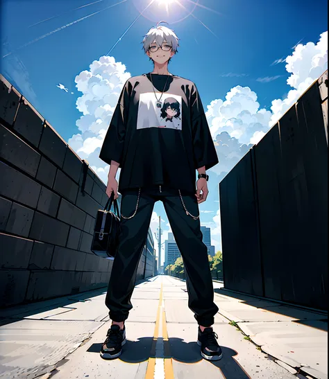 there is a man with faded hair,black spectacle glasses smiling, wearing silver oversized t-shirt , 18 year old boy ,, wave a hand , oversized pants, realism artstyle, 8k full body photograph, casual photography, with dramatic sky, shot on gopro9, backgroun...