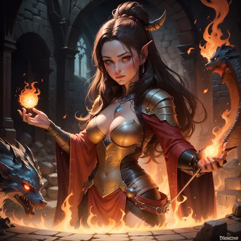 Dungeon and dragons game style drawing. A female dwraf wizard with brown long hair with fair in her hand casting fireball