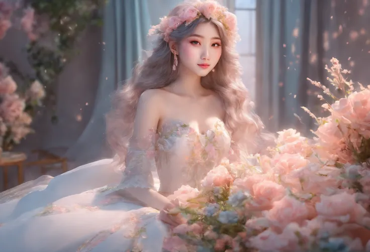 one women in wedding dresses sitting on the bed，holds a bouquet of flowers, lalisa manobal, Album art, Official artwork, very magical and dreamy, ethereal fairytale, Ethereal beauty, Koreainsta Goddess, Ethereal fantasy, celestial goddess, lalisa manoban o...