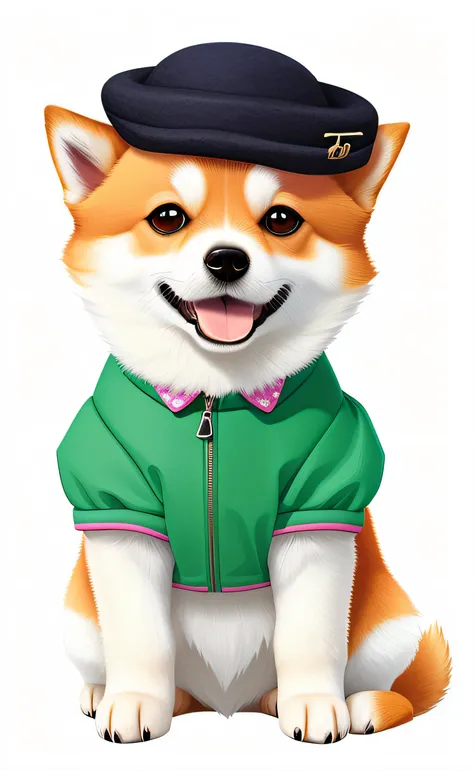 Arafed dog wearing a green shirt and a pink hat, stylized digital illustration, anthropomorphic shiba inu, corgi bonito, arte digital bonito, painting digital adorable, painting of cute dog, in illustration style digital, Fursona usando roupas estilosas, c...