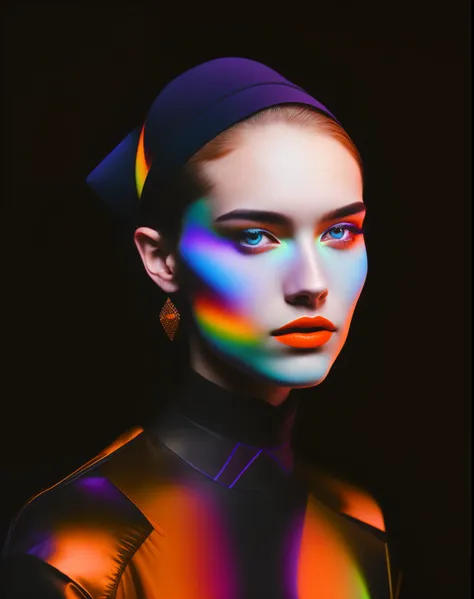 35mm, Neon, analog photo, dinamic lighting, chiaroscuro, hyper realisitc, luminism, HD, very detail. Colorful gradients. Gradient glow. Avant-garde make-up. Orange-violet-green lights. A womans skin is multicolored in a beautiful glow. Gradients on the fac...