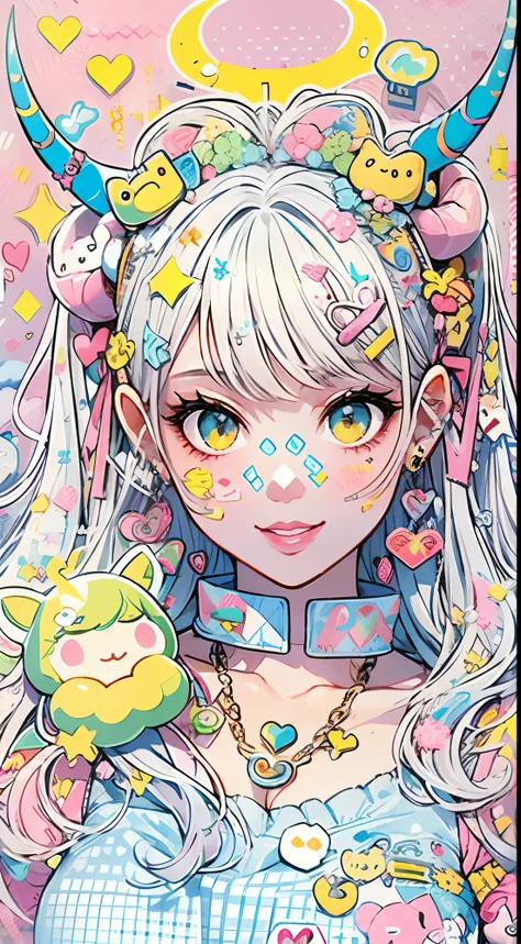 "kawaii, cute, adorable woman with pink, yellow, and baby blue color scheme. She is dressed in sky-themed clothes made out of clouds and sky motifs. Her outfit is fluffy and soft, with decora accessories like hairclips. She embodies the vibrant and trendy ...