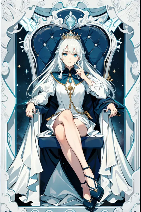 （tarot card background），The queen sat in a chair，Ice chairs，Best quality, A high resolution，1girll, , Super beautiful face, super beautiful eye，Super beautiful hair，long  white hair，Indifferent expression