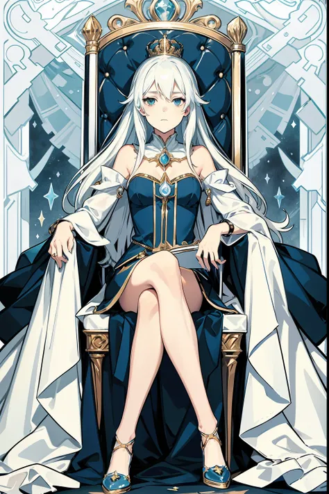 （tarot card background），The queen sat in a chair，Ice chairs，Best quality, A high resolution，1girll, , Super beautiful face, super beautiful eye，Super beautiful hair，long  white hair，Indifferent expression