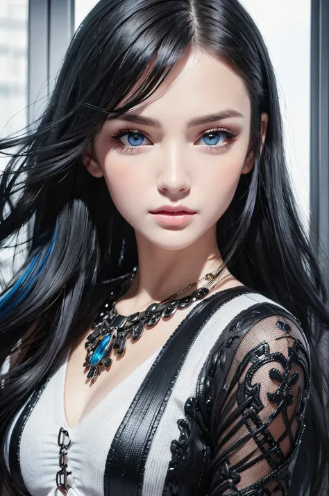 masterpiece, best quality, beautiful young woman, shiny blue eyes, (detailed pupils:1.2), eyelash, beautiful light black hair, streaked hair, multi color, medium hair, perfect face, detailed,