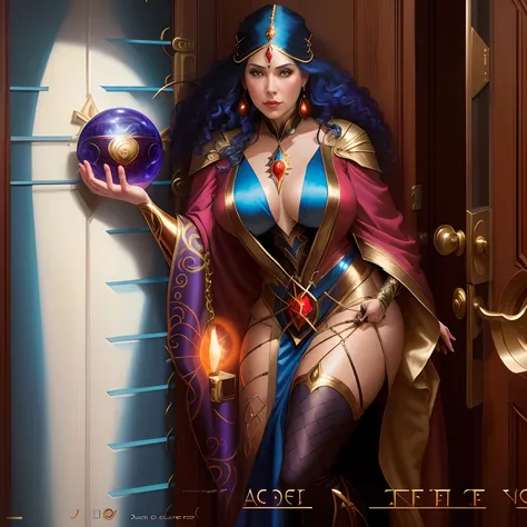 a woman in a costume is standing in front of a door, sorceress woman, sorceress, zenescope, human :: sorceress, artgerm julie bell beeple, a beautiful sorceress, style ivan talavera and artgerm, ( ( barclay shaw ) ), beautiful sorceress, portrait of a sorc...