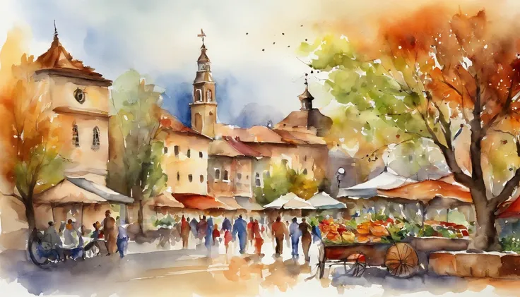 In the square with the clock tower in the center、Celebrating the Harvest Festival、Watercolor Touch、