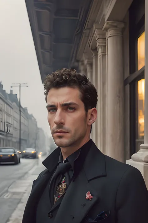 corps entier, wide-angle photo close-up portrait of the body of a handsome man , Grand et en forme, (40 ans:1.1), (shaven:1.2) , (curly short brown hair:1.2),(Cheveux courts:1.3). Dark brown tight velvet suit, (La veste a des motifs de fleurs noires:1.2). ...