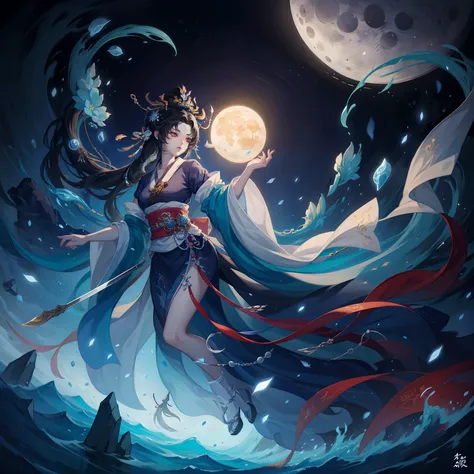 offcial art，Extremely detailed，Anime girl with sword and moon in background, lunar themed attire, lunar goddess, Goddess of the moon, trending on cgstation, Onmyoji detailed art, xianxia fantasy, lunar goddess, queen of the sea mu yanling, Beautiful celest...