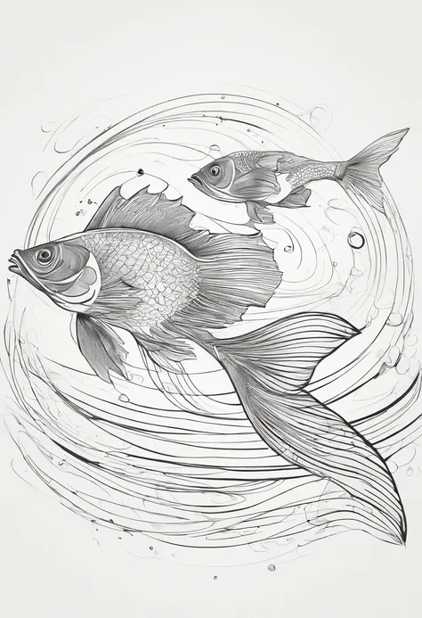 Black and white fish，Exaggerated swimming posture，ink wash style