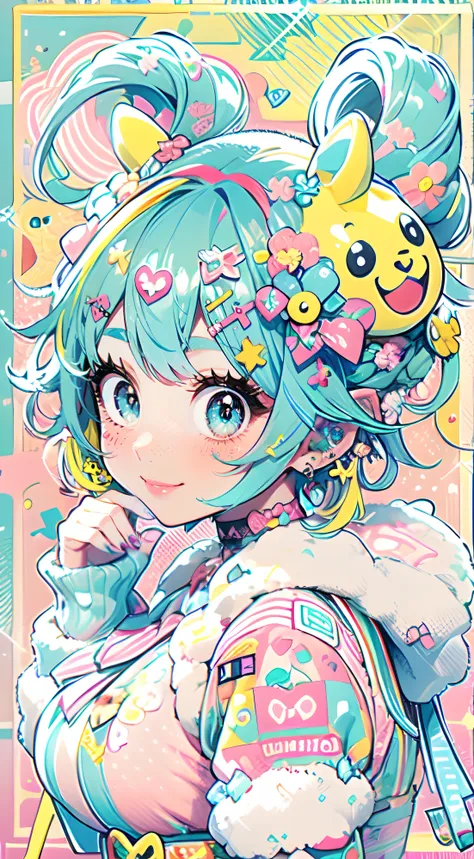 "kawaii, cute, adorable woman with pink, yellow, and baby blue color scheme. she is dressed in sky-themed clothes made out of cl...