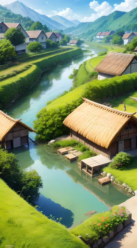 Craft an anime wallpaper depicting an idyllic old rural village surrounded by rolling hills and lush green fields. Show traditional thatched-roof houses, a meandering river, and villagers going about their daily activities. Use warm, earthy colors to evoke...