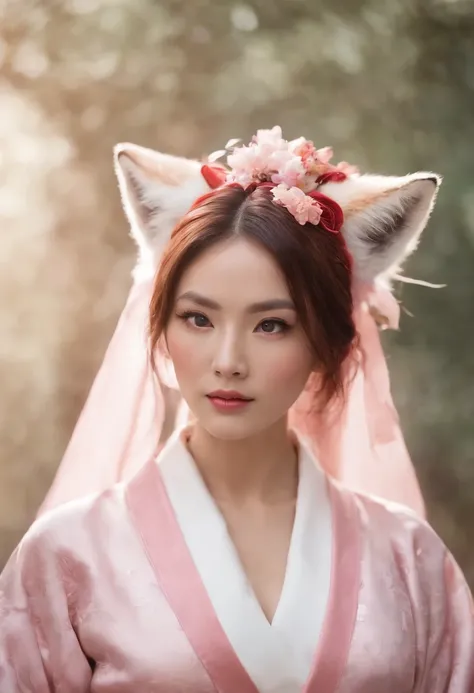 Fox Woman，Pink kimono，Lightning element，Eyes of contempt，