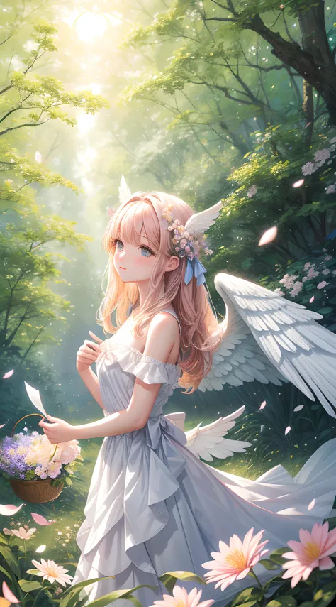 an artwork where the pretty girls angel wings are composed of delicate blossoms and petals. She stands in a sun-dappled forest surrounded by flowers, with her hair cascading gracefully. The atmosphere is one of natural beauty and grace.