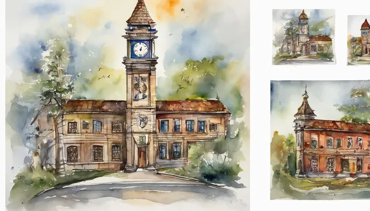 The lower part of the clock tower is、It is shaped like an anchor、The color is silver、Watercolor touch