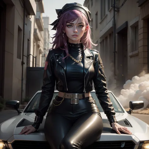 Arafed woman sitting on the hood of a car with a gun in her hand, julia hetta, She wears a leather jacket, High Quality Portrait, jovana rikalo, photograph of a techwear woman, anna nikonova, portait image, an album cover, Dressed in a leather jacket, Leat...