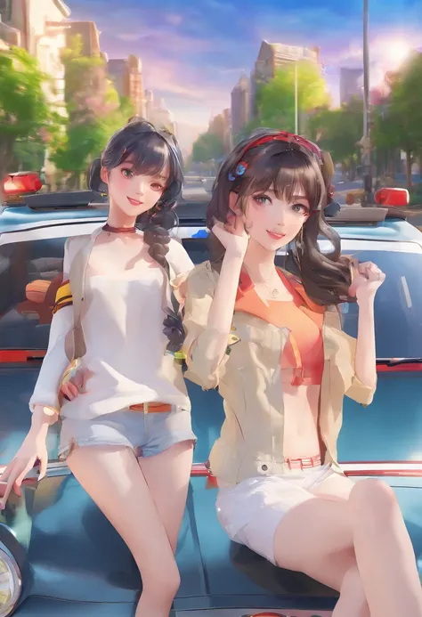 best quality, masterpiece, automobile, police, city, road, black hair, 18 years old pretty four girls, dark blue bloomers, green bloomers, white gym clothes, ass through bloomers, smile, white skin, all four are good friends, flirting, laughing, shy, homos...