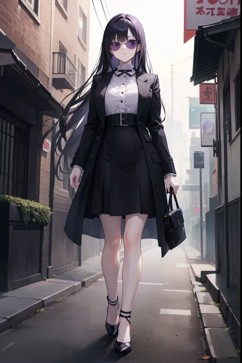 tall anime woman, tied-up long black hair, beautiful purple eyes, round purple-tinted sunglasses, in a black dress-coat, formal wear, walking down a dark street, neutral face expression, 8k, high resolution