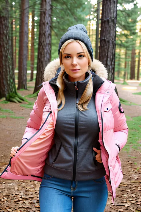 Make a woman with big breast, Pink long winterjacket , with open zipper, with face, body, Forrest, travel bag, Yellow pants, camper, dog