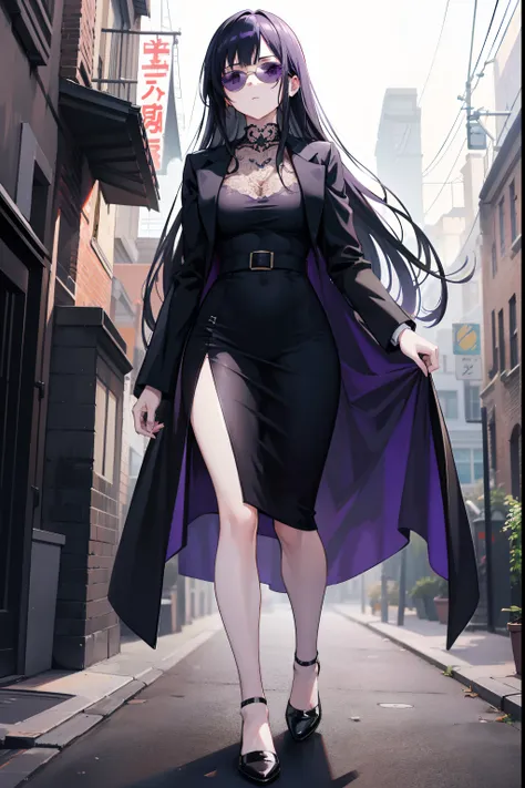 tall anime woman, tied-up long black hair, beautiful purple eyes, round purple-tinted sunglasses, in a black dress-coat, formal wear, walking down a dark street, neutral face expression, 8k, high resolution