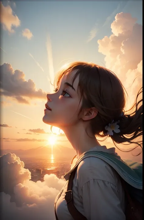 masterpiece, best quality, movie still, 1girl, cloud girl, floating in the sky, close-up, bright, happy, warm soft lighting, sun...