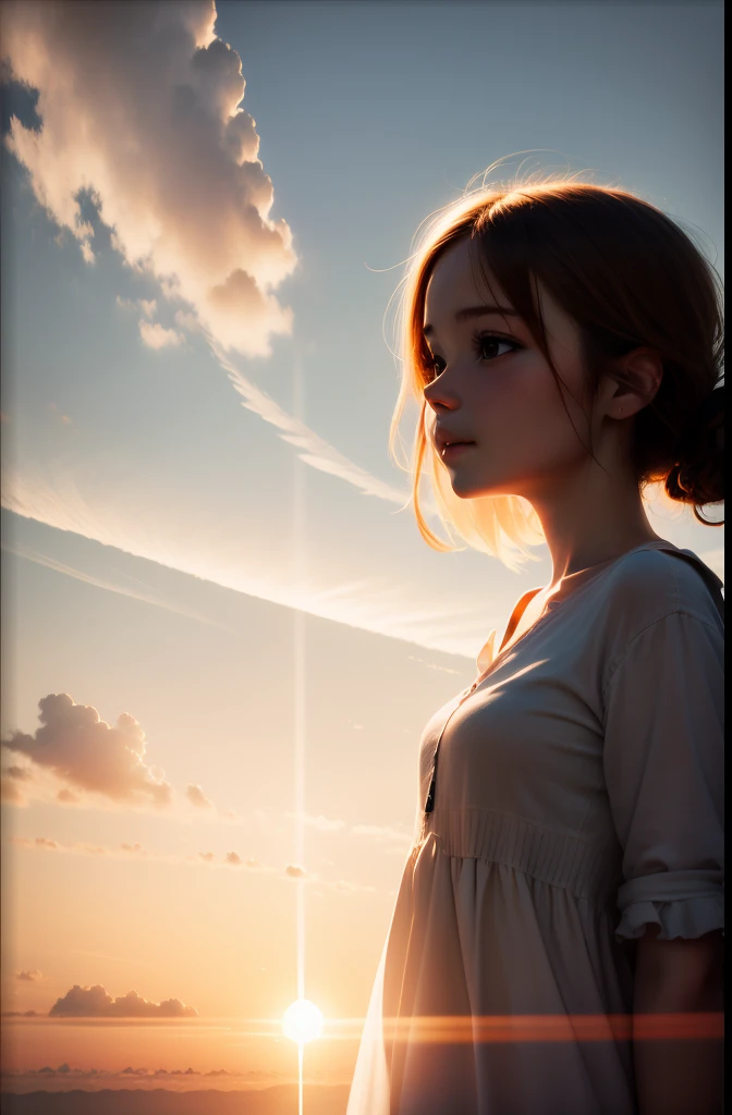 masterpiece, best quality, movie still, 1girl, cloud girl, floating in the sky, close-up, bright, happy, warm soft lighting, sun...