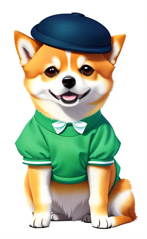 Arafed dog wearing a green shirt and a pink hat, stylized digital illustration, anthropomorphic shiba inu, corgi bonito, arte digital bonito, painting digital adorable, painting of cute dog, in illustration style digital, Fursona usando roupas estilosas, c...