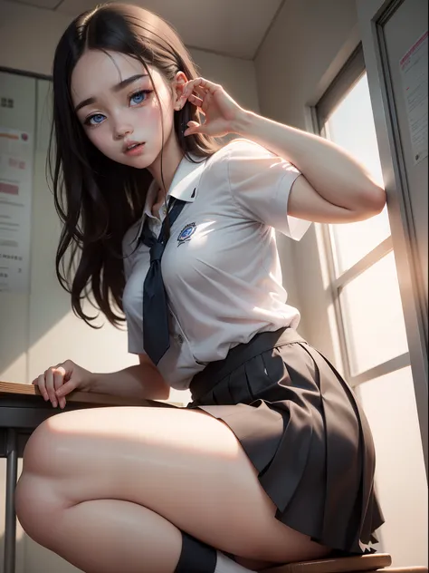 photorealiscic face,photorealistic eyes, Short school uniform skirt,Sexy school uniforms,18 years-old,a beauty girl,South Korean,Lifting the skirt with both hands,Dark white liquid dripping from