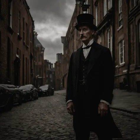 A realistic 8k image of Jack the Ripper, wearing a hat that covers his eyes and making direct eye contact with the viewer, in a dark and mysterious style.